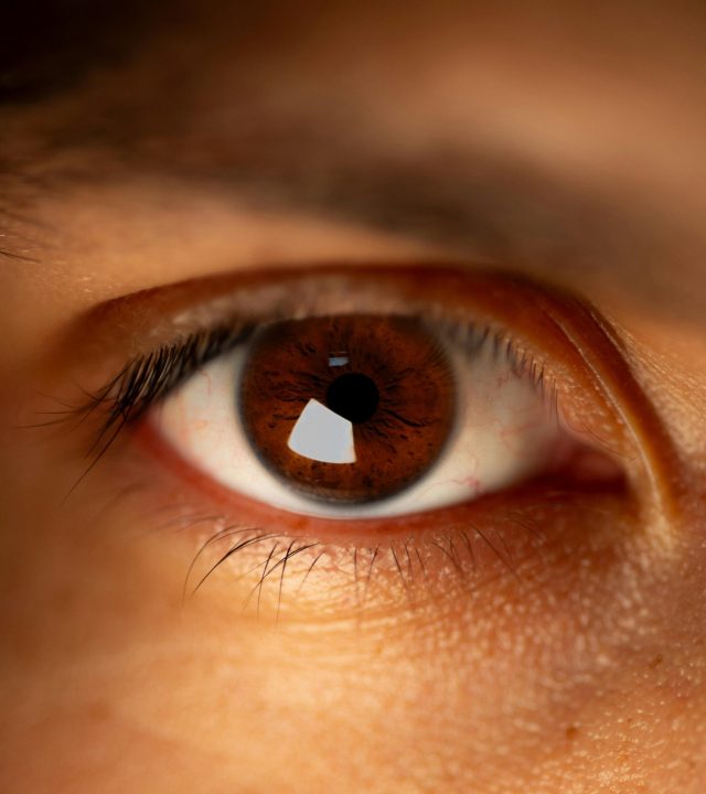 Detailed macro shot of a brown eye showcasing the iris texture and sharp focus.